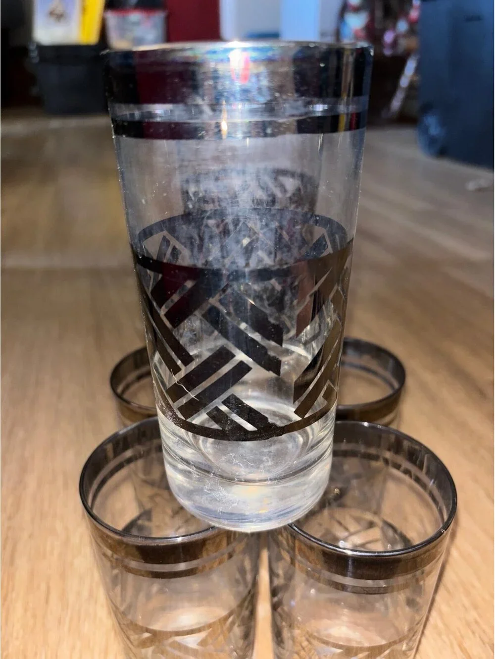 Set of (6) Vintage Silver Band Highball Cocktail Glasses - Silver Trellis/ Cross